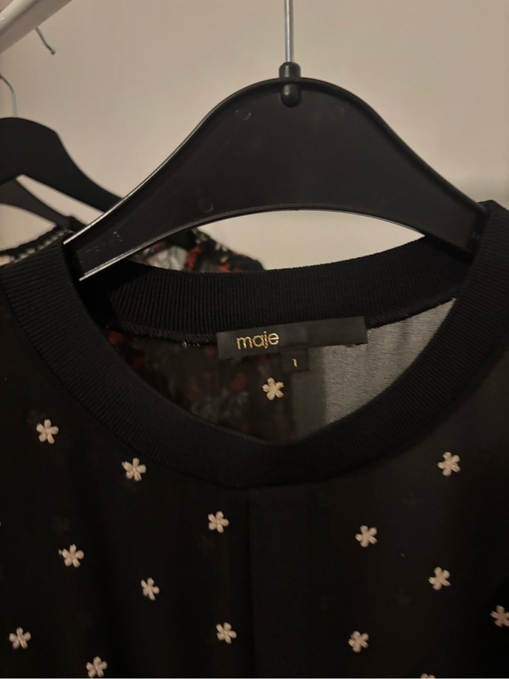 Maje Black Crewneck Top with Cream Daisy Embroidery